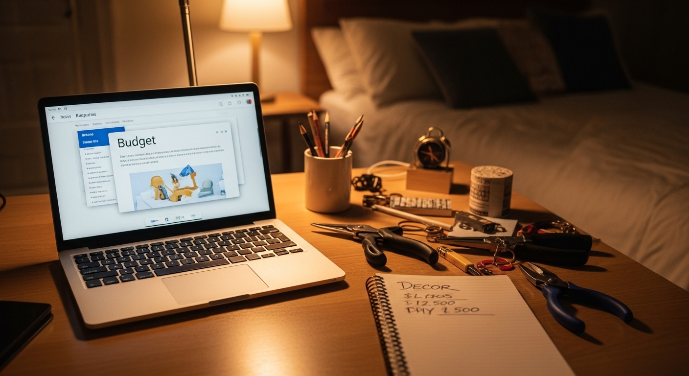 A laptop and notepad with budgeting notes, surrounded by tools and decor materials for a DIY bedroom project
