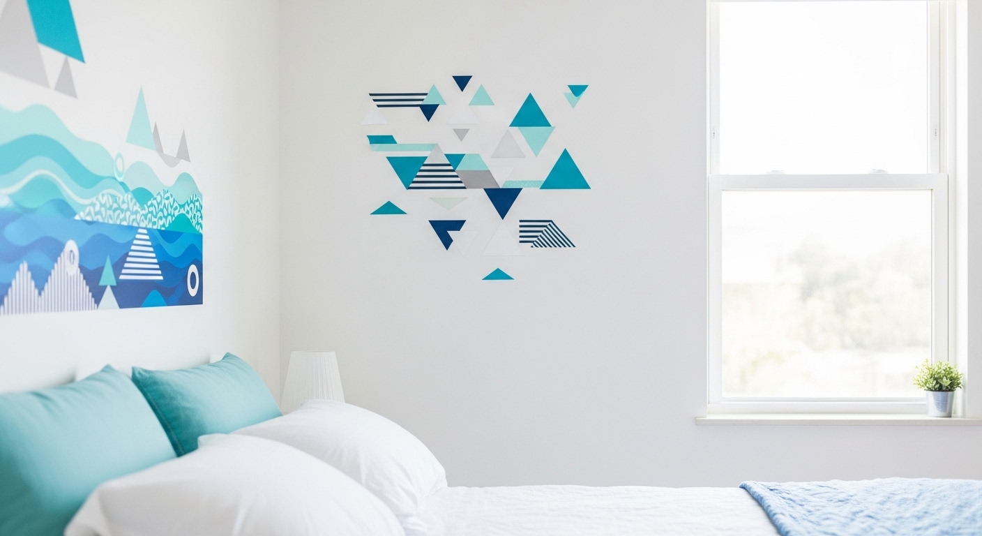 A creative washi tape mural on a bedroom wall using blue, teal, and white tones in an ocean-inspired design.