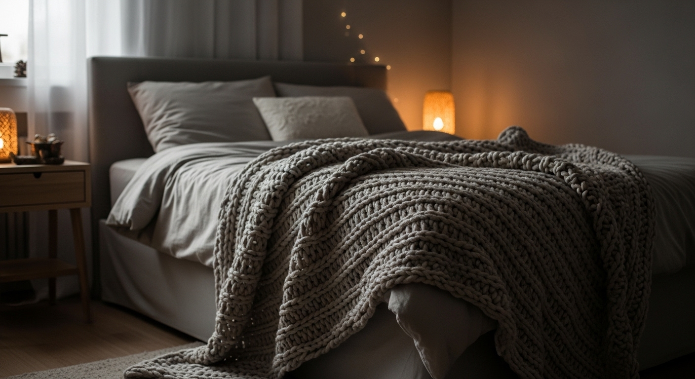 Hand-knitted throw blanket draped on a bed in a warm winter-themed room

