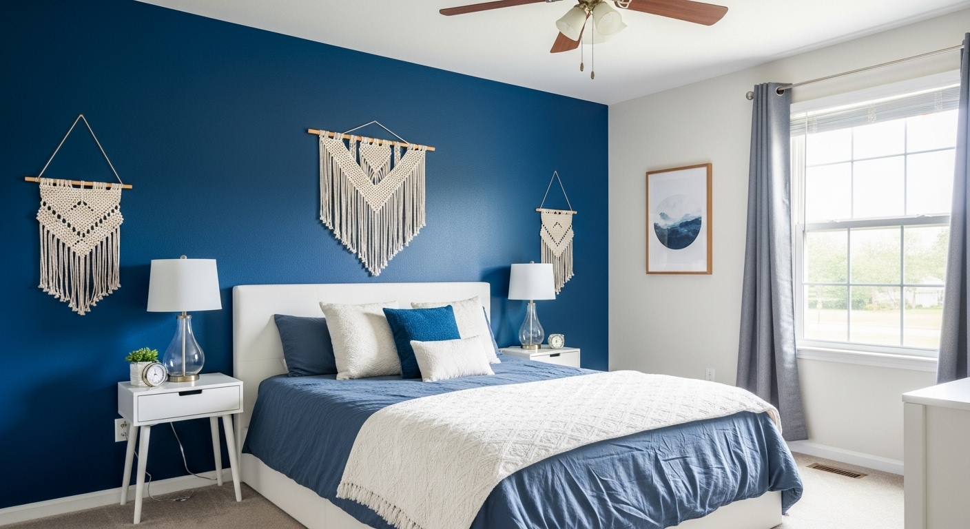  A bedroom featuring a single painted accent wall in a vibrant color, adding character and depth to the space