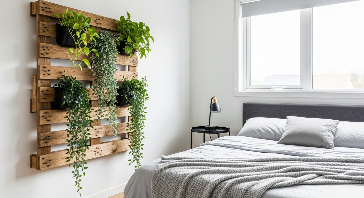Vertical wall garden with green plants growing on a wooden pallet in a small bedroom

