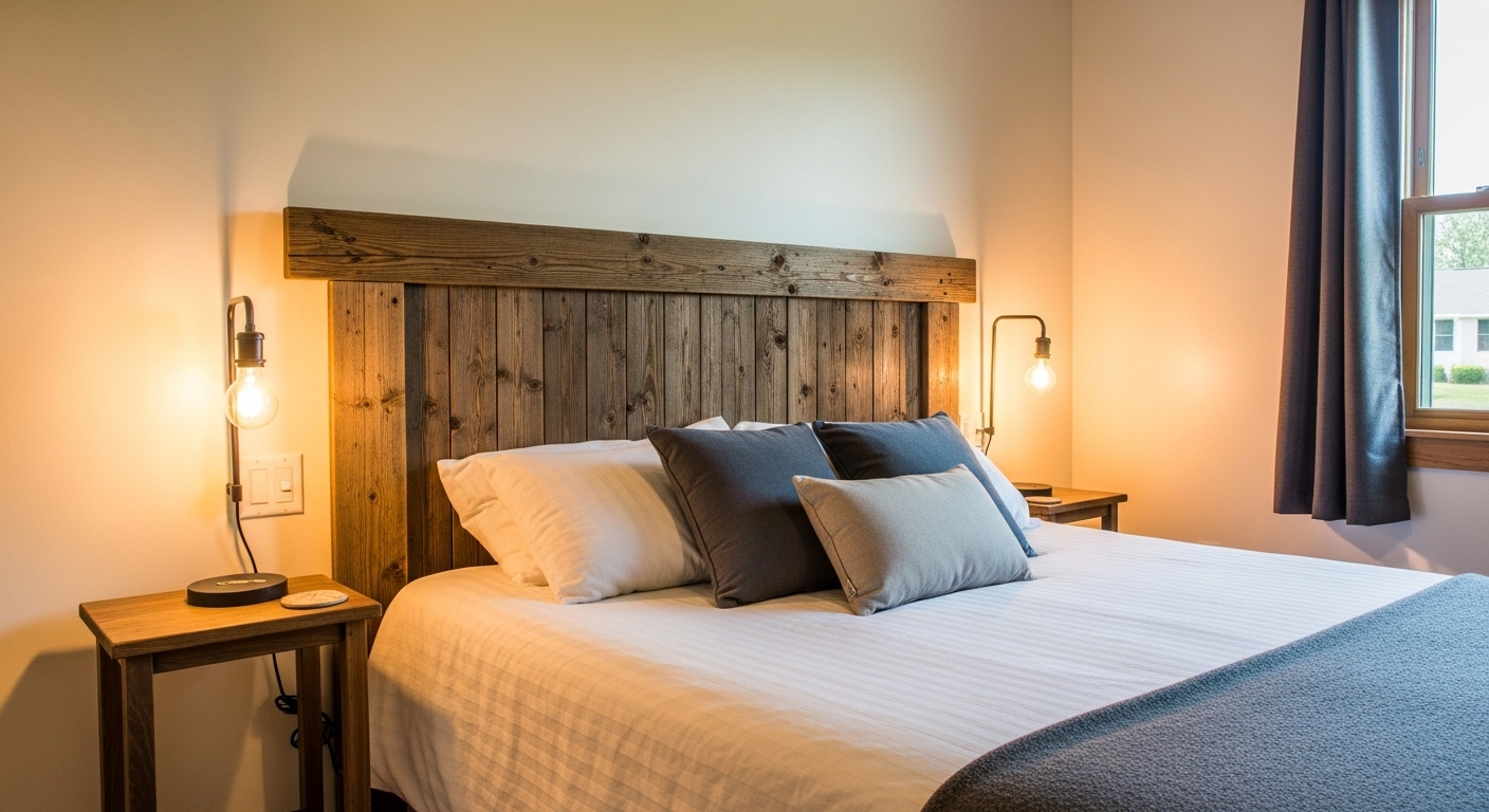 A stylish wooden DIY headboard mounted behind a cozy bed, acting as the focal point of the room