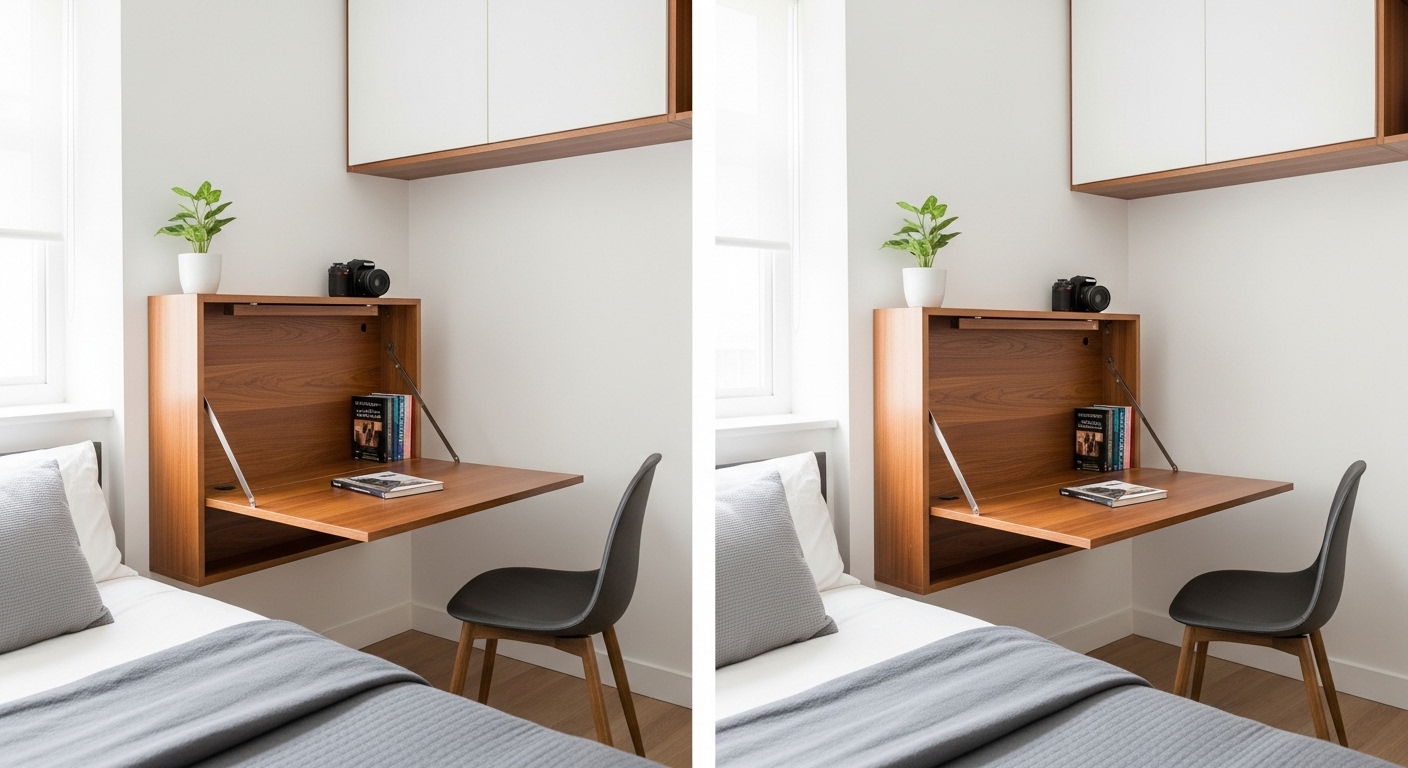 Fold-down wooden desk installed on a bedroom wall, designed for small spaces