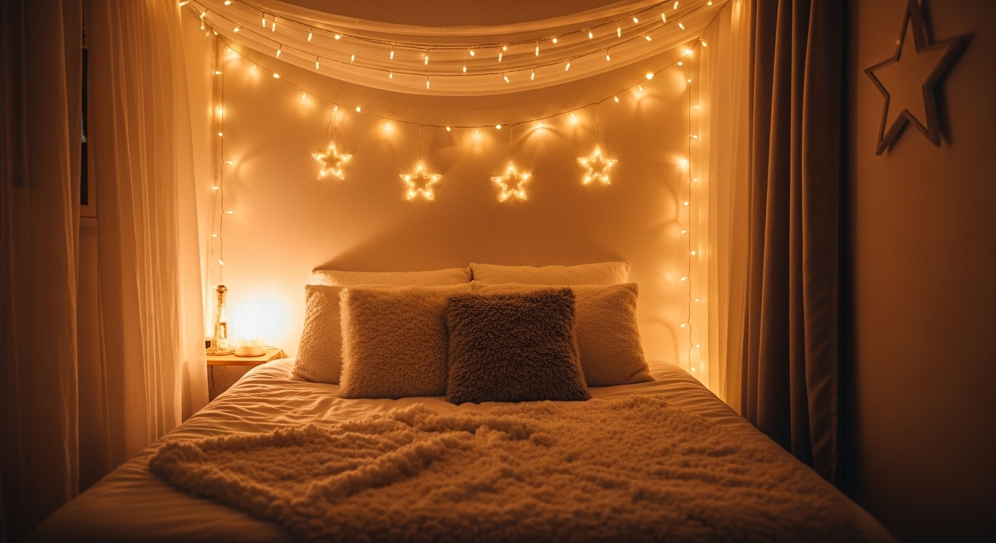 A dreamy bedroom with fairy lights hanging above the bed, creating a whimsical, romantic canopy