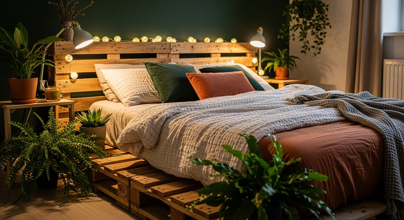 Wooden floating shelves in a modern bedroom holding books, plants, and decor, enhancing both storage and style.