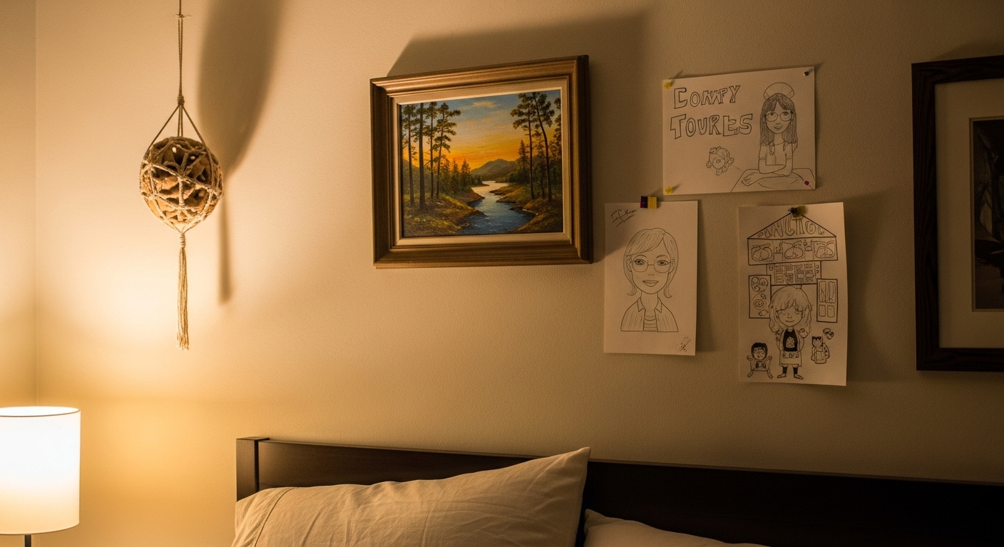 Custom wall art pieces created at home, including framed paintings and sculptures, displayed above a bed