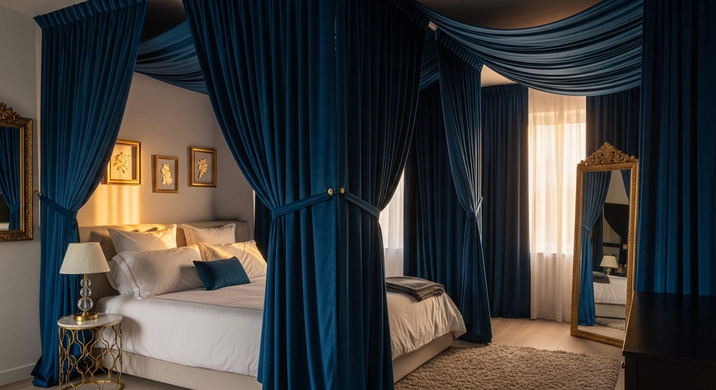  Lush velvet curtains in deep blue hanging in a stylish bedroom, adding rich texture and tone.