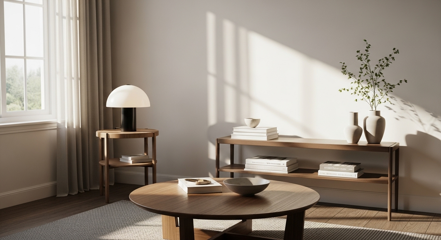 Minimalist living room with a clean layout featuring a round coffee table, sleek side table, and a narrow console table with decorative items