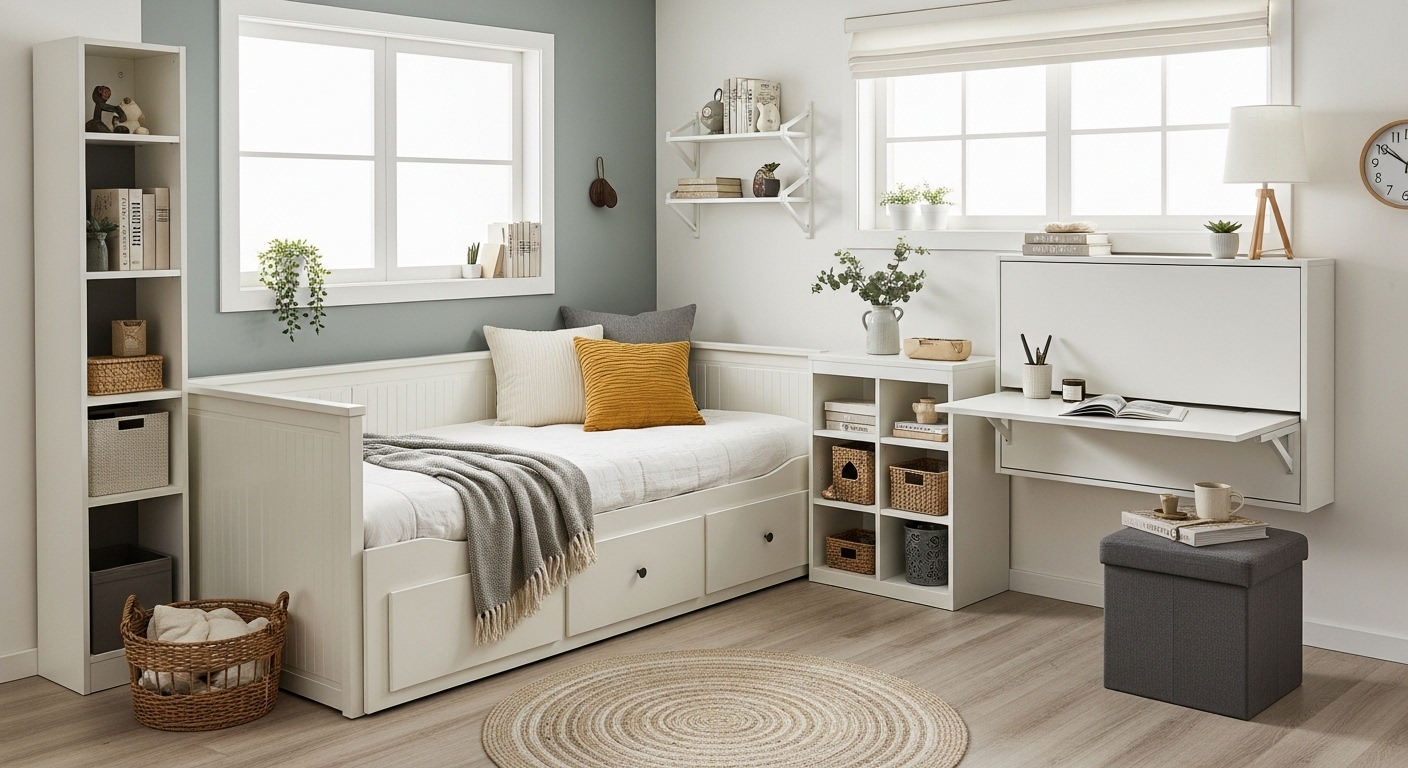 Compact room with a daybed, foldable desk, and storage ottoman, showing practical and space-saving furniture ideas