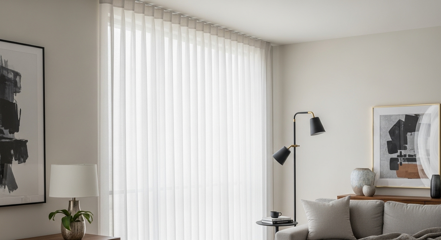 Elegant curtains hung close to the ceiling, stretching to the floor, visually enhancing the room height and space.