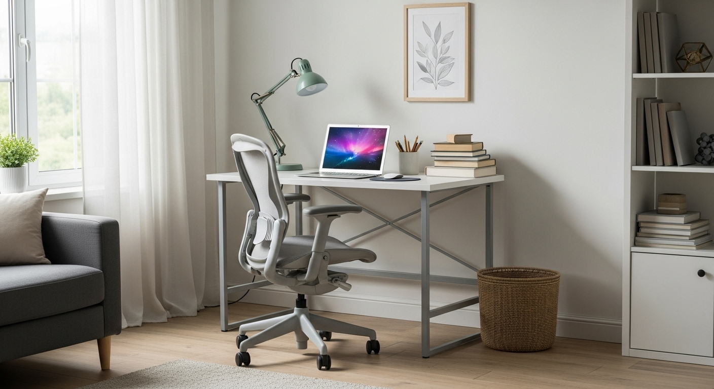Compact work area with a desk, chair, laptop, and desk lamp set up in the corner of a living room.