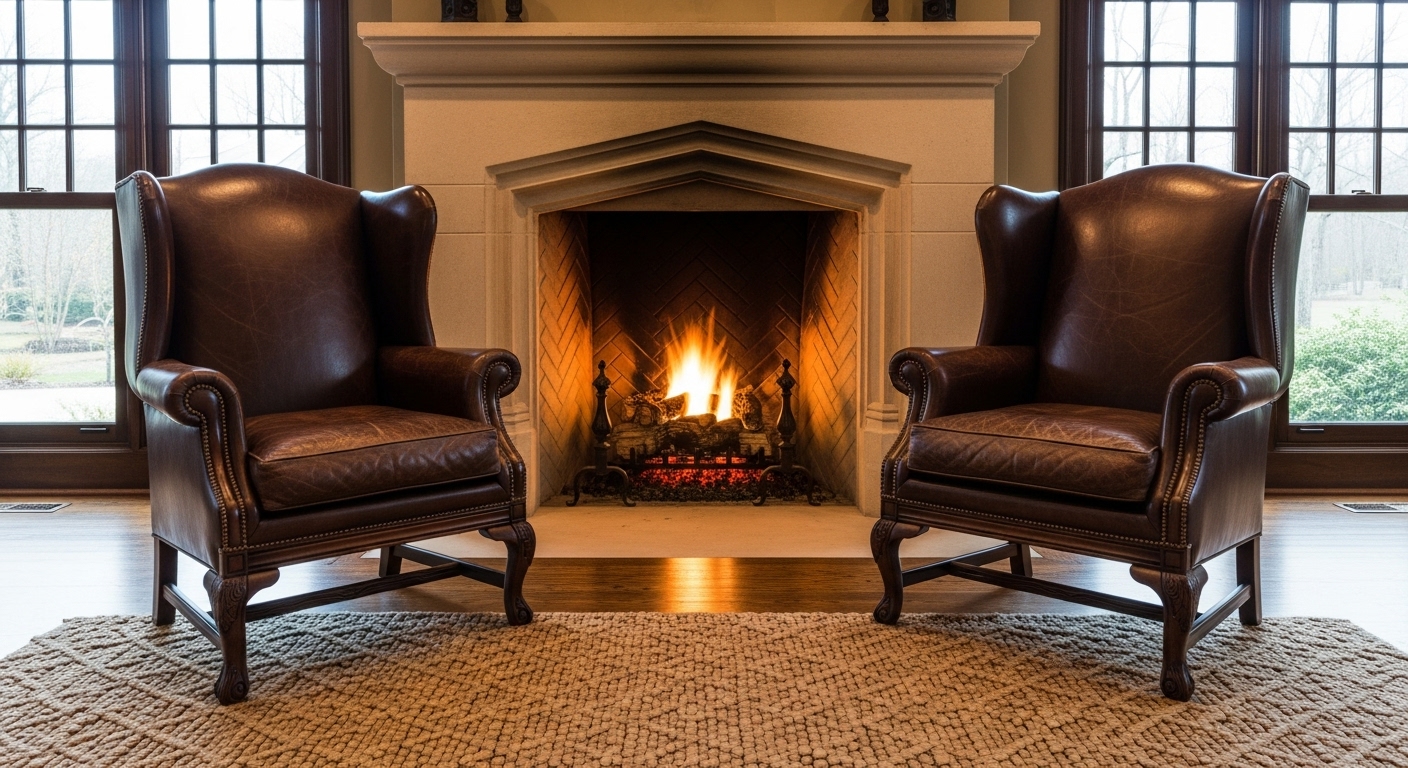 Leather wingback armchairs in a traditional living room with classic wood detailing.

