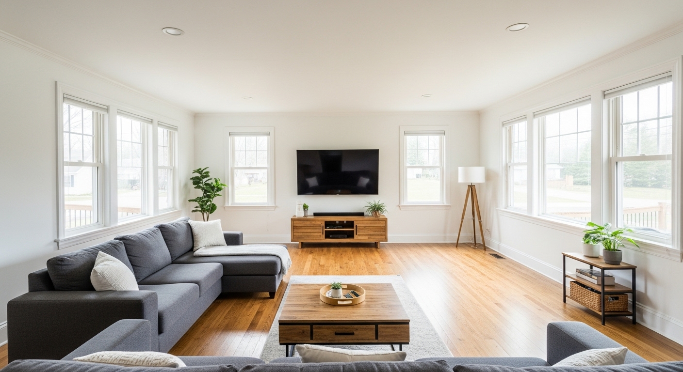 Spacious living room with thoughtful TV placement that allows clear walking paths and flow of movement.