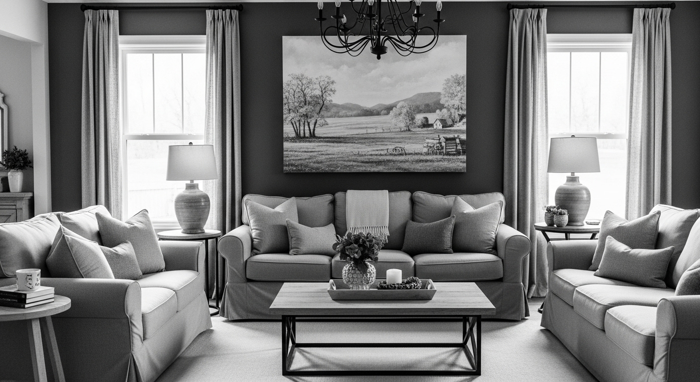 A monochromatic modern farmhouse living room with varying shades of grey from dove to charcoal, creating a calm and relaxed atmosphere.