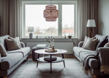 Contemporary living room layout with two matching sofas facing each other, styled for comfort and space optimization