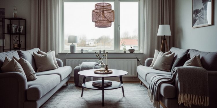 Contemporary living room layout with two matching sofas facing each other, styled for comfort and space optimization