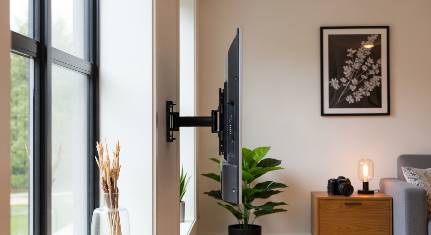 Contemporary living room featuring a rotating TV mount that adjusts viewing angles