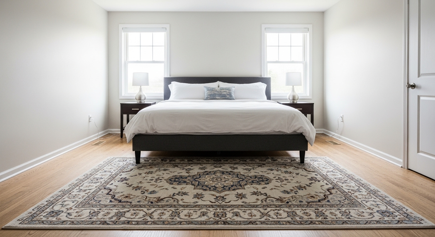 Stylish bedroom with a queen bed and well-proportioned rug placed symmetrically for visual balance.