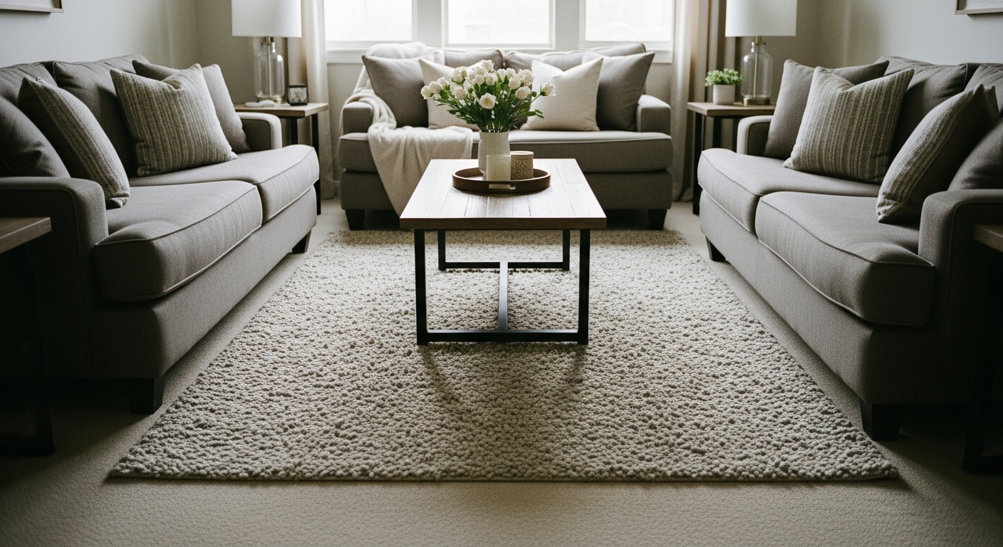 A large area rug anchoring the central seating area of a long living room.

