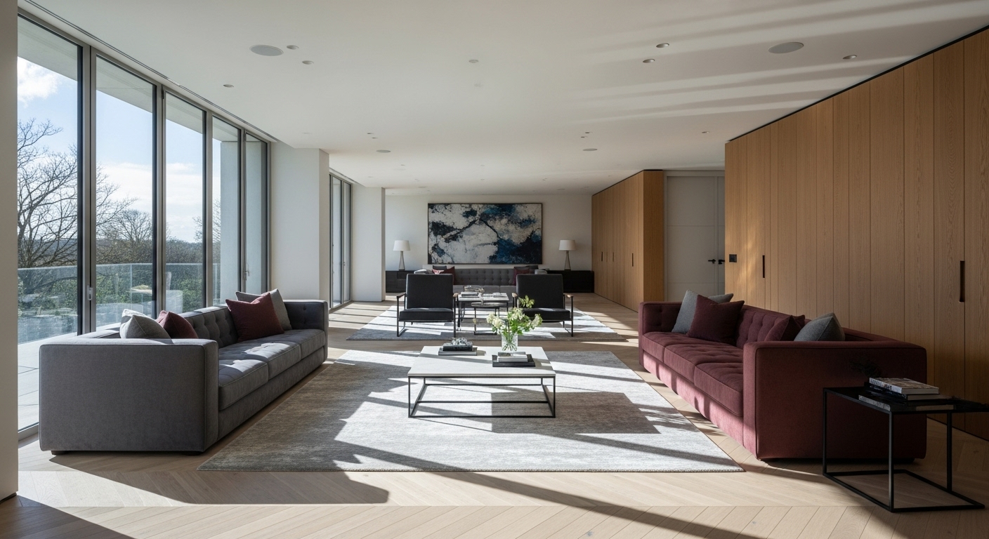 A diagonally arranged layout in a narrow living room creating visual movement.

