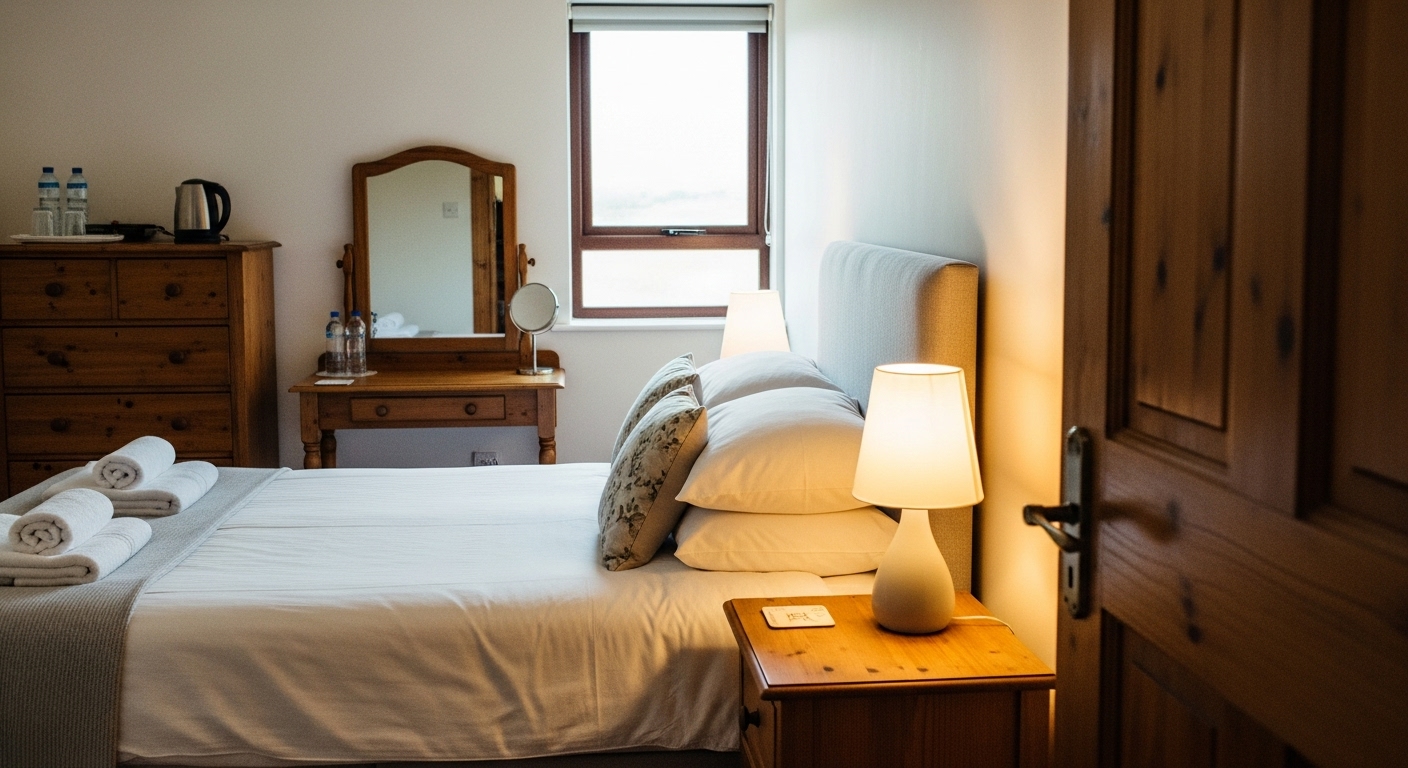 A cozy guest bedroom with a neatly made bed, bedside lamp on a wooden nightstand, vanity mirror, and a dresser for guests’ clothes.
