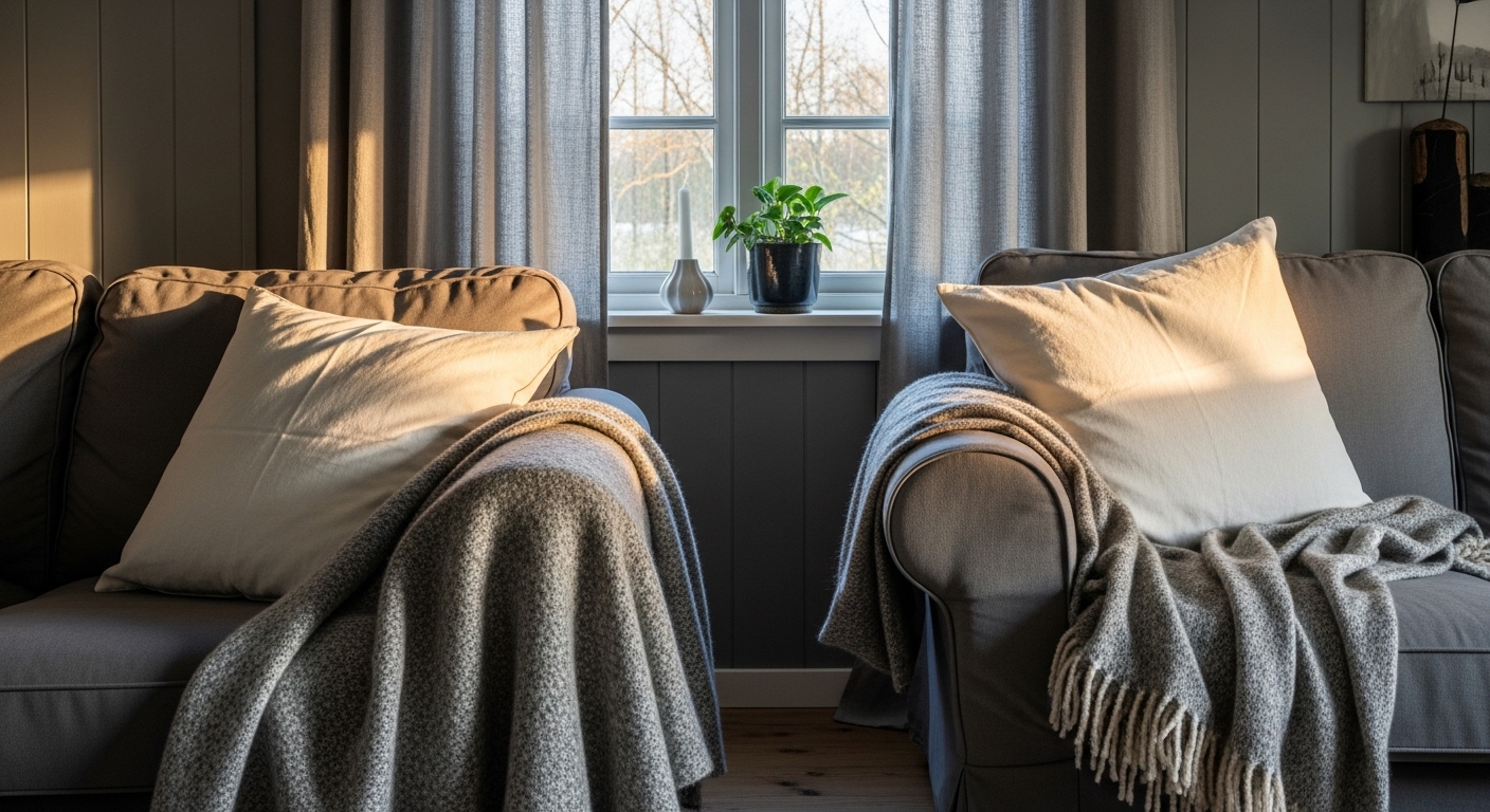Cotton, linen, and wool used in upholstery and decor in a farmhouse grey living room, blending comfort with durability.