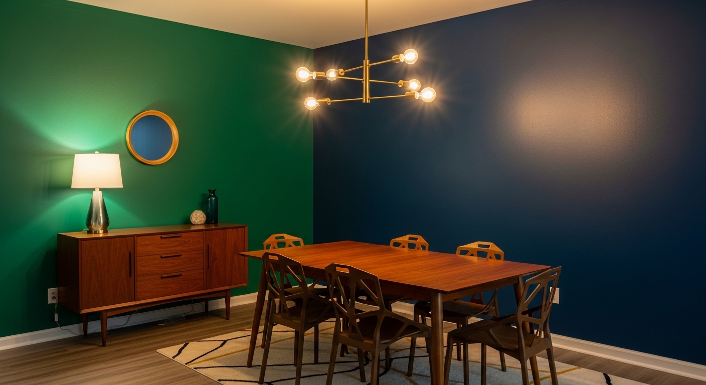 Stylish room interior showcasing a bold color-blocked wall with green and blue shades adding vibrancy and energy.