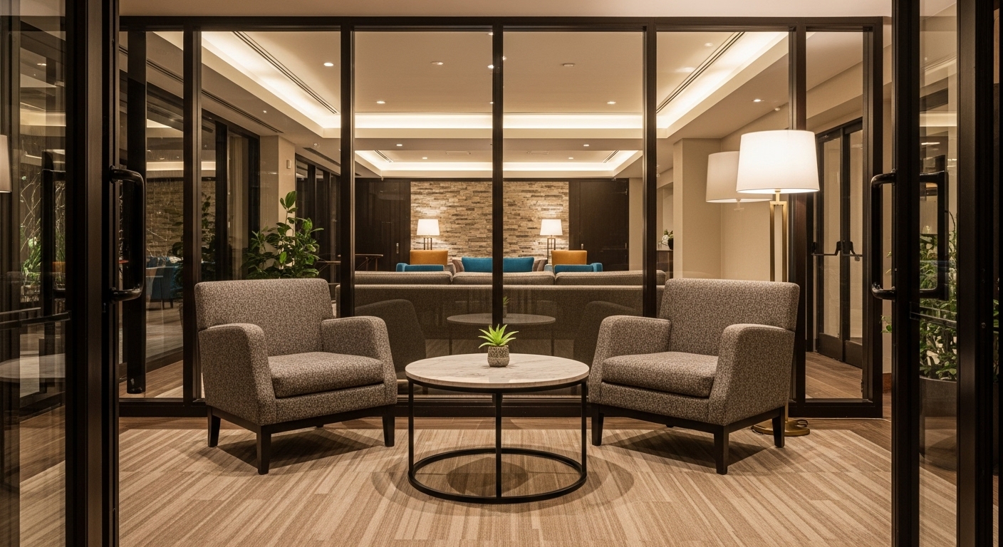 Two armchairs facing each other in a quiet conversation area with a small coffee table and soft ambient lighting.