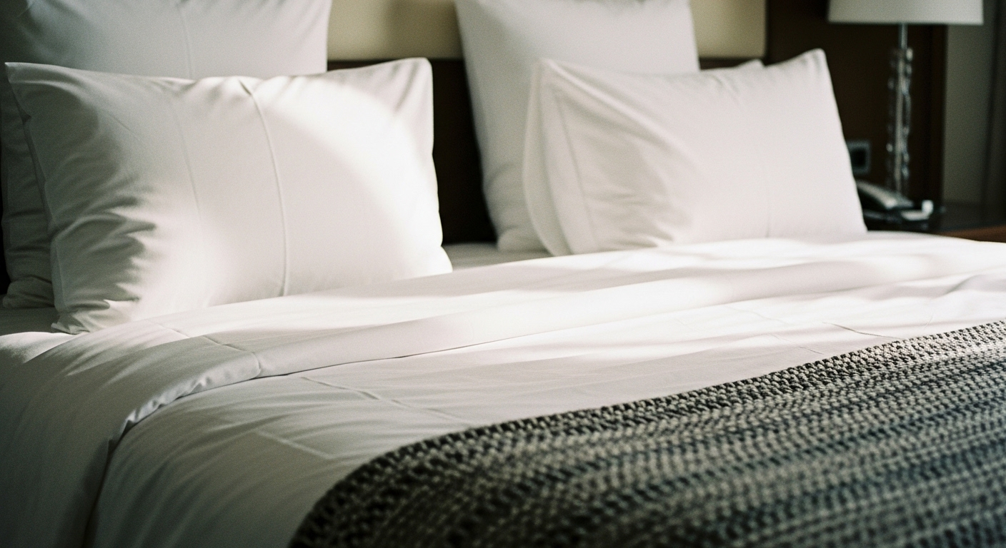 Close-up of high-quality bed linens, pillows, and layered textures that enhance sleep comfort in a modern bedroom setting.