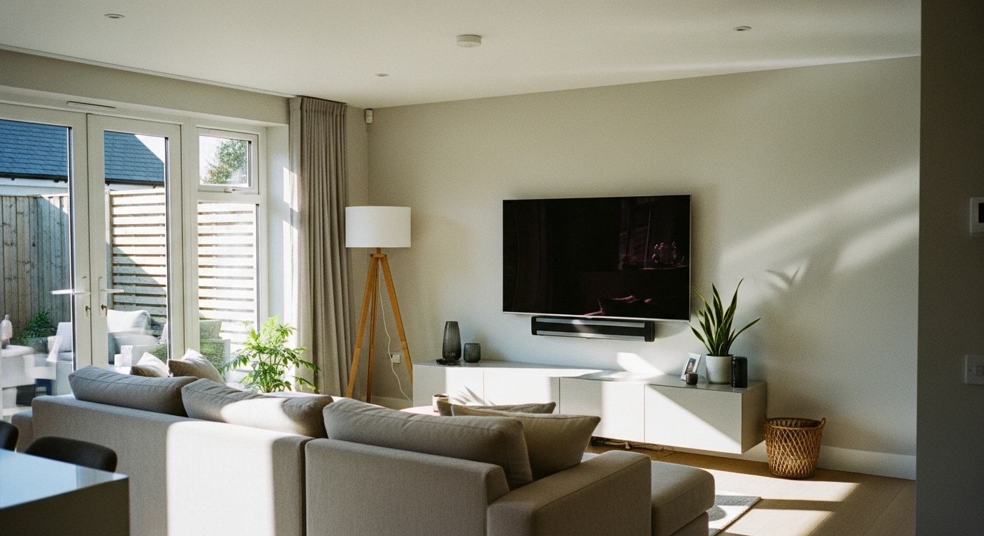 Contemporary open plan living space with a stylish TV zone defined by a bookshelf and modern sectional sofa