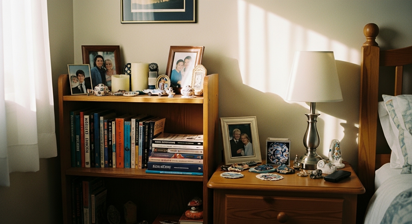 Books, framed family photos, and travel souvenirs on a bedroom shelf and nightstand to add warmth and personality.