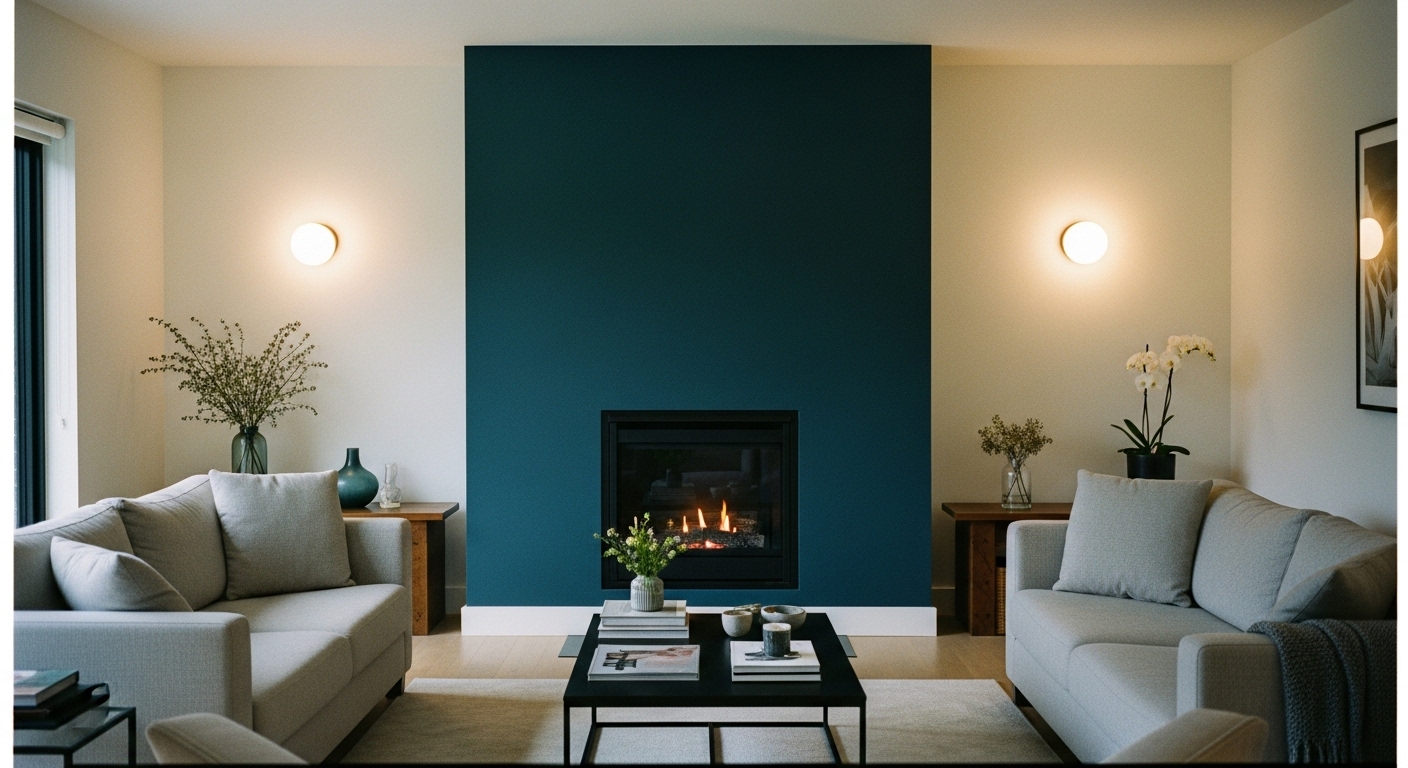 Stylish living room featuring a bold accent wall in deep red or navy behind a fireplace as a central design element