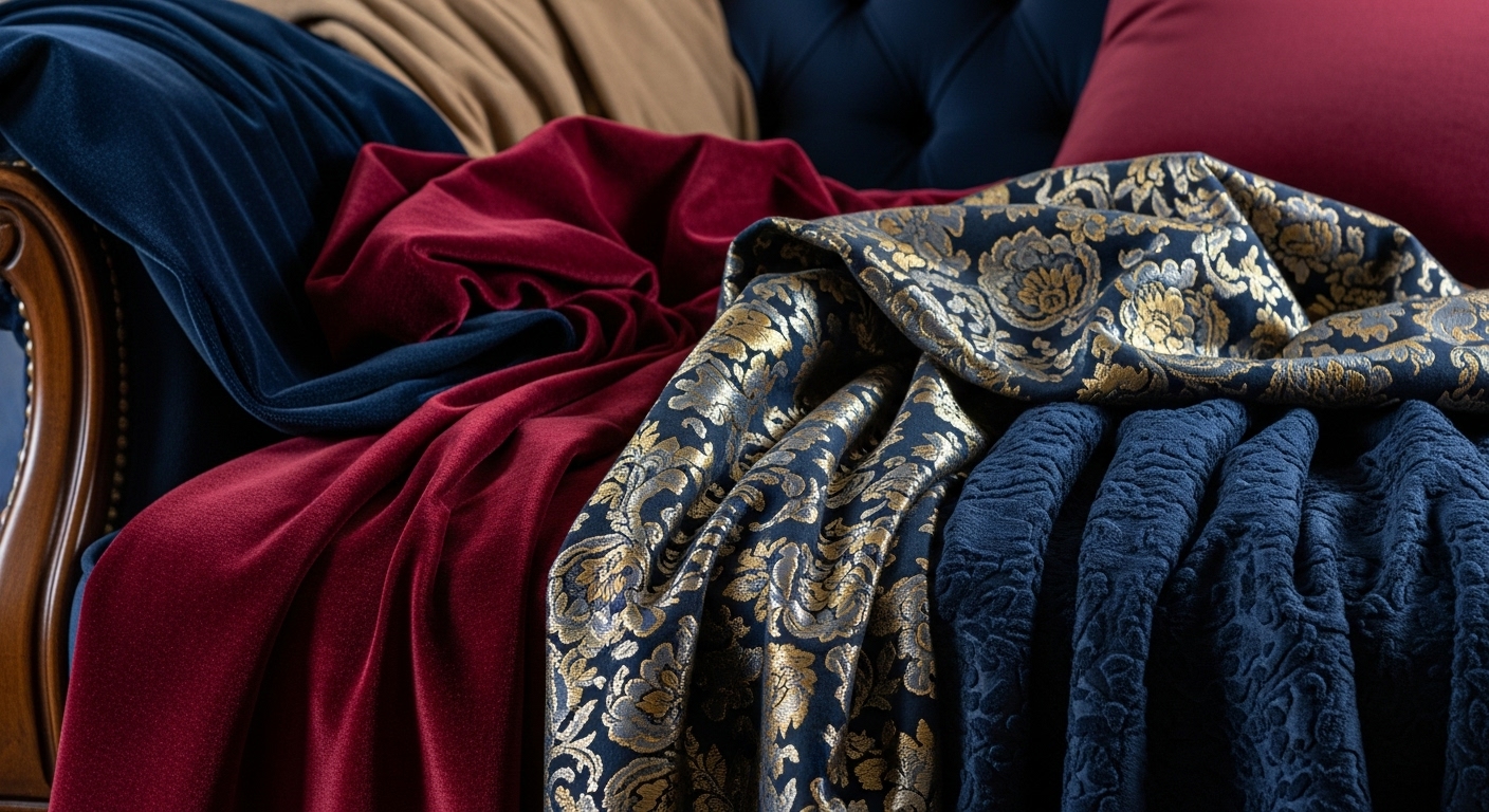 Textured close-up of velvet, silk, and brocade fabrics used in traditional furniture upholstery