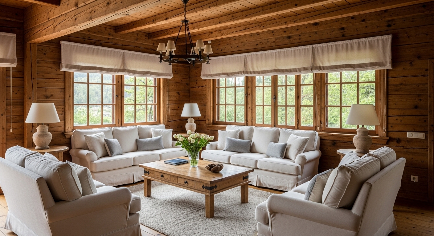 Spotless rustic room with dust-free wood surfaces and clean textiles, maintaining the cozy charm.