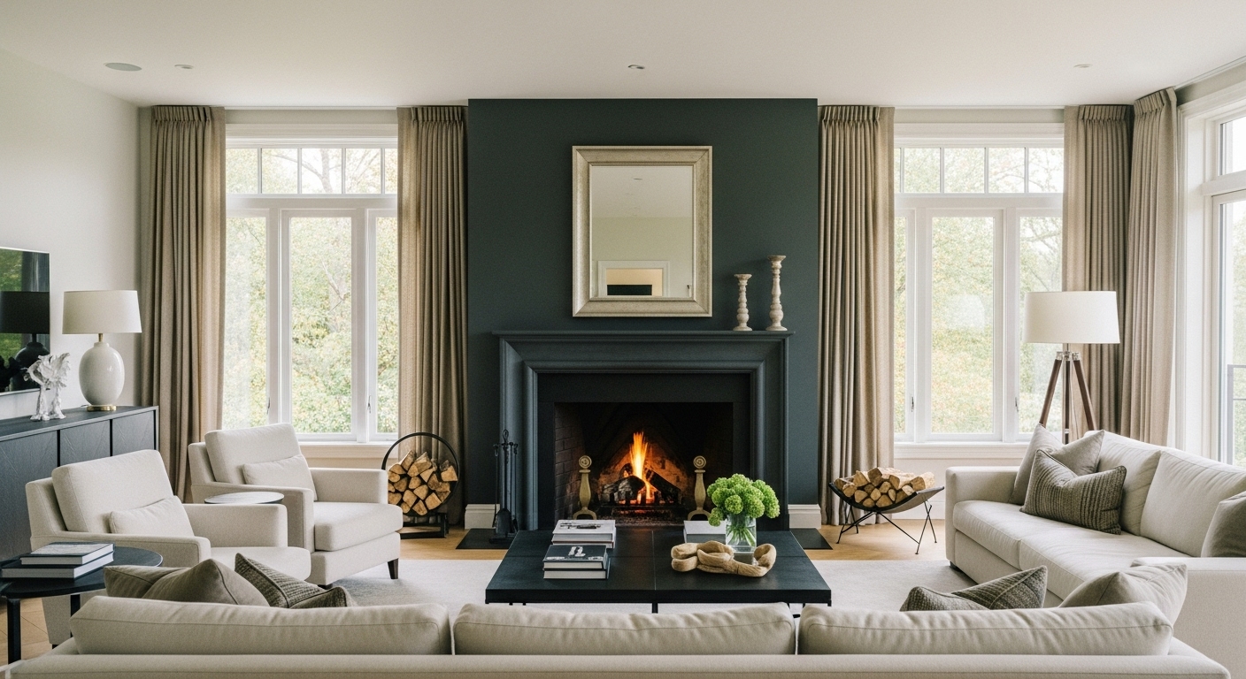 Contemporary living room design featuring a large fireplace as the visual focal point, enhancing layout balance and space perception.