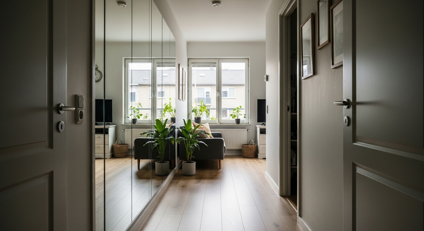 Interior of a narrow living room with mirrors placed opposite windows to reflect light and create the illusion of a larger space