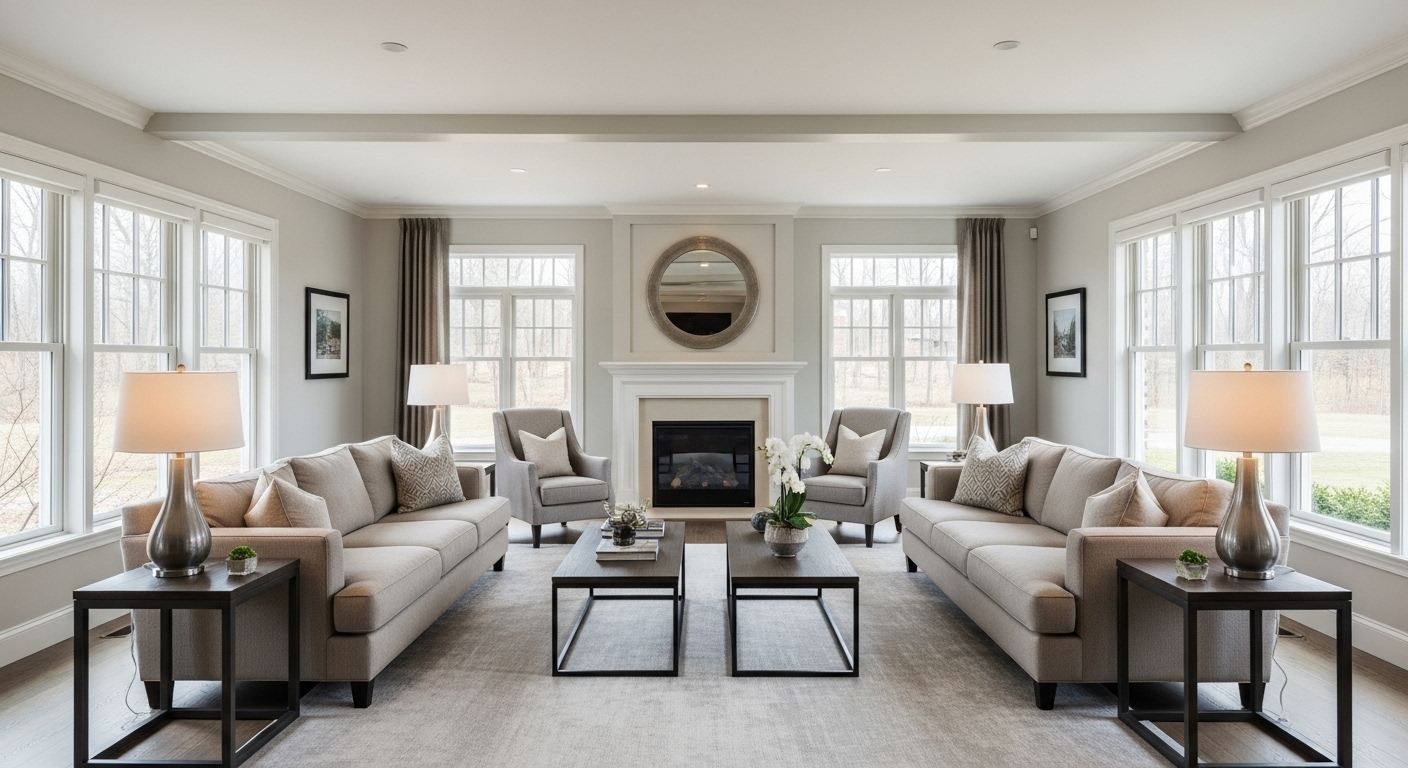 Well-balanced narrow living room showcasing symmetrical furniture layout that brings harmony and visual stability.

