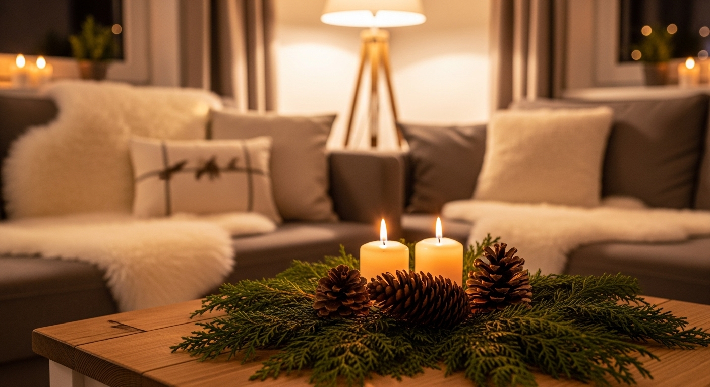 Winter interior styled with layered blankets, soft lighting, and natural accents like pine cones and evergreen foliage for a festive feel.

