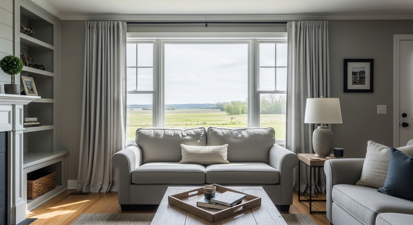 A large window with simple curtains in a grey farmhouse living room, offering a bright view and natural light.