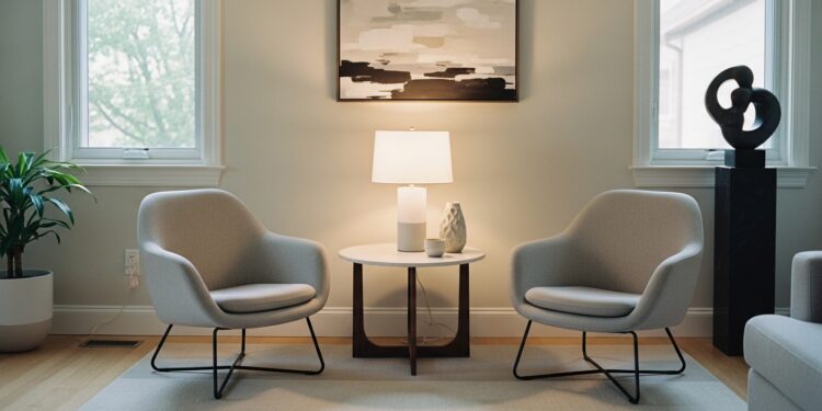 A cozy corner in a living room featuring a beige armchair with a throw blanket, a wooden side table with a mug, and a floor lamp—ideal for a secondary furniture grouping setup.