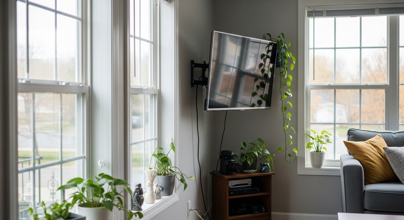 TV mounted beside windows, maintaining a well-lit room with unblocked natural sunlight.