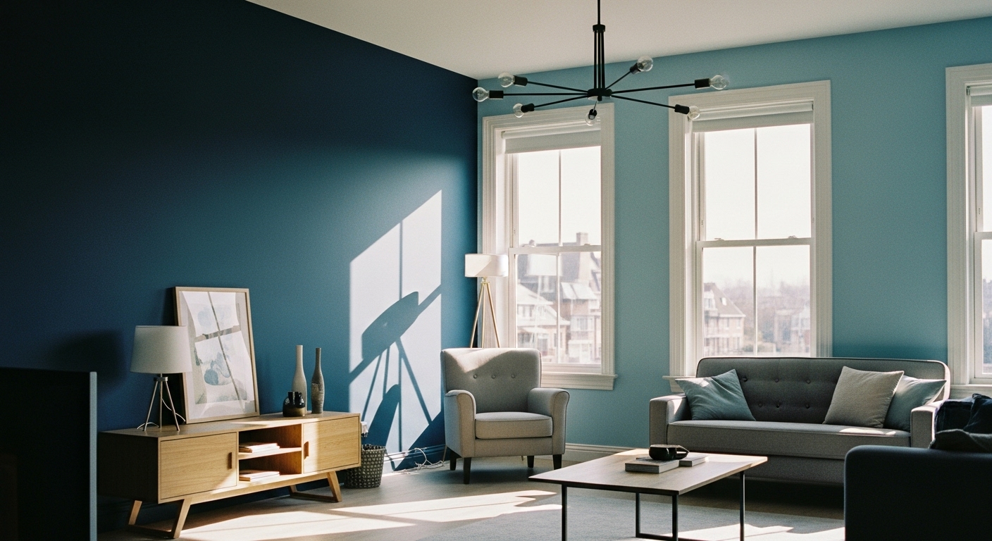 Room interior showing light and dark shades of the same color, with navy and light blue walls creating depth and dimension