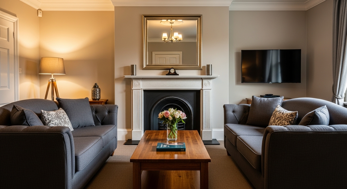 Living room with two sofas facing each other across a fireplace, creating a cozy focal point.