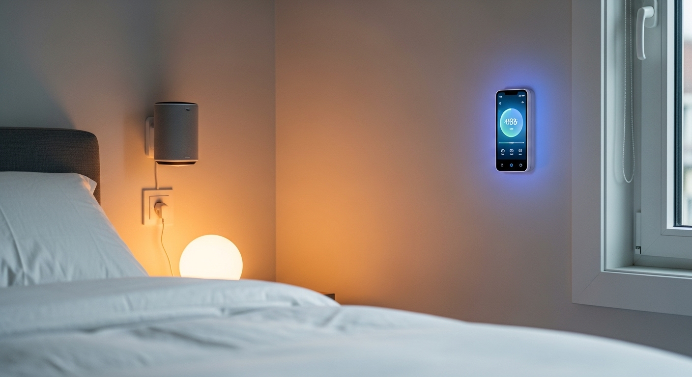 A modern dream bedroom with smart lighting, a voice-controlled speaker, and a smart thermostat system