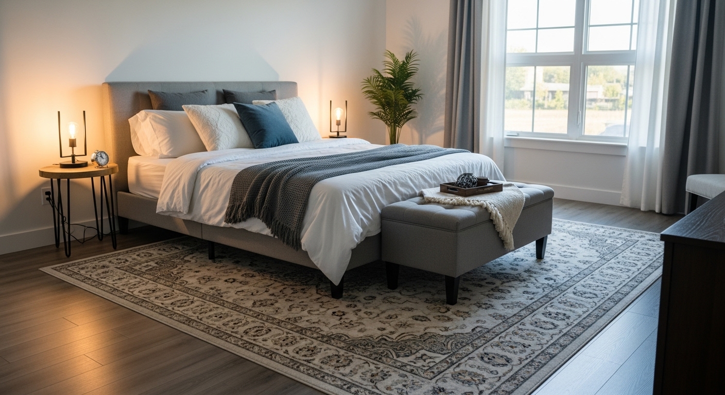 Large bedroom interior with a 9x12 rug covering the queen bed and surrounding furniture, giving a luxurious, fully covered floor look.
