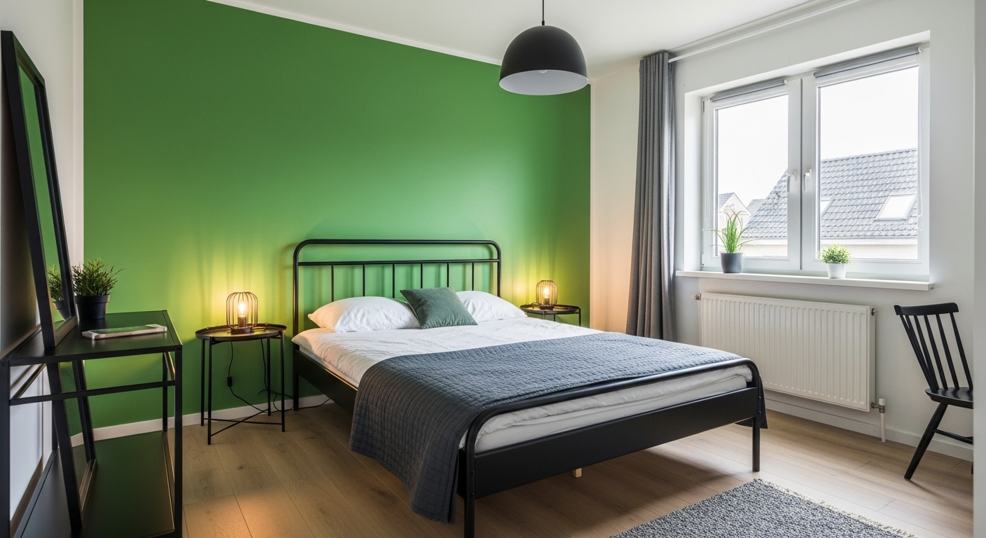 Modern minimalist bedroom with green accent wall, sleek black furnishings, and clean space-saving layout.