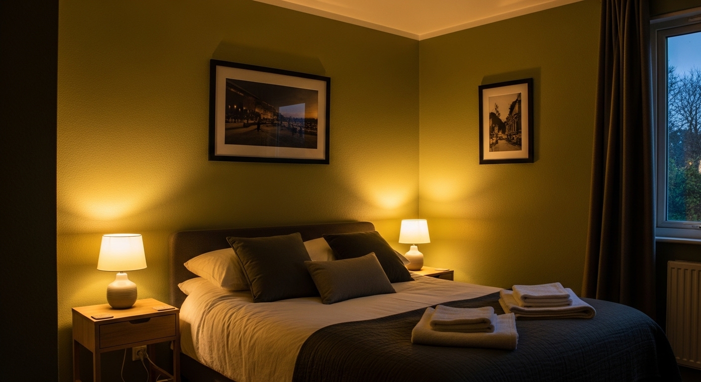A softly lit green bedroom glowing with warm bedside lamps, creating a cozy and inviting space.

