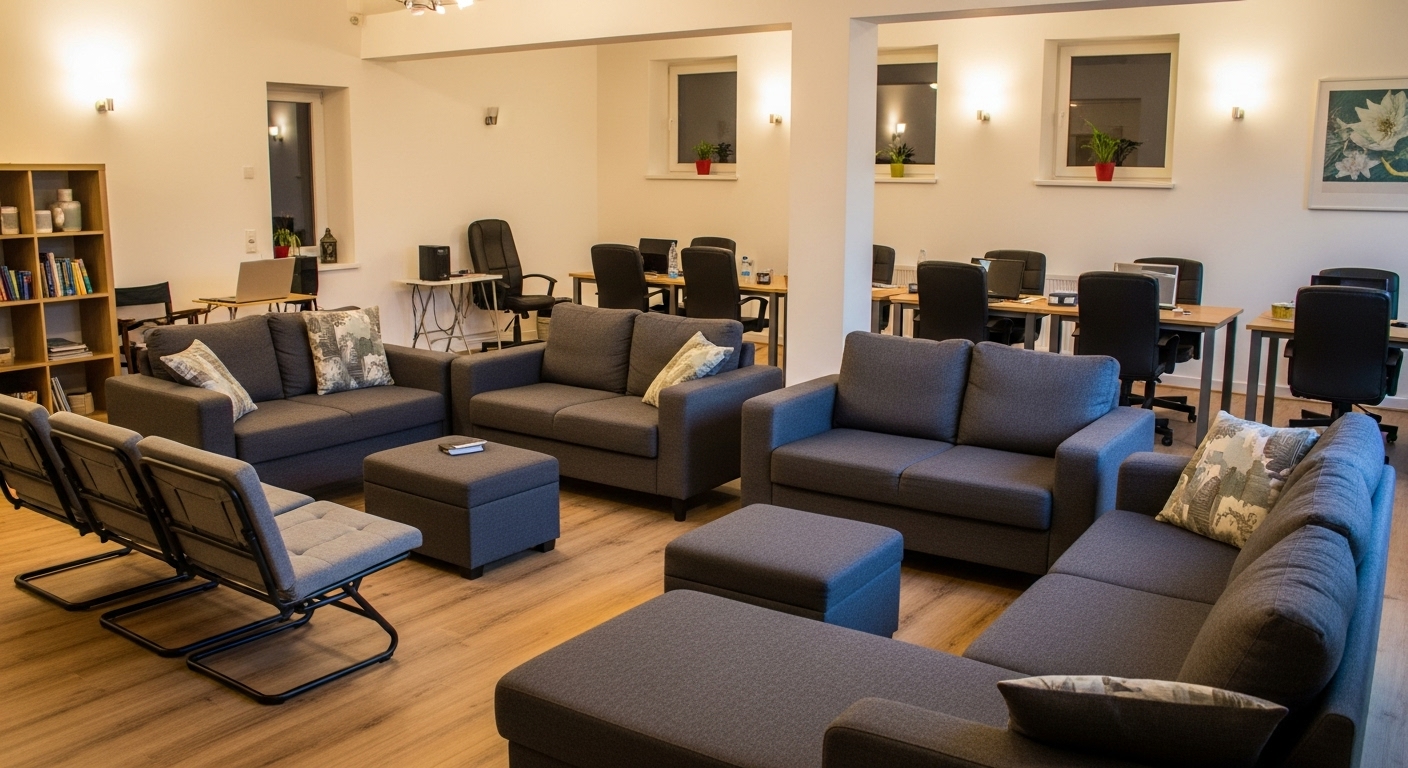 Versatile seating arrangement in a contemporary home with movable chairs and sofas, designed for flexible multi-use living