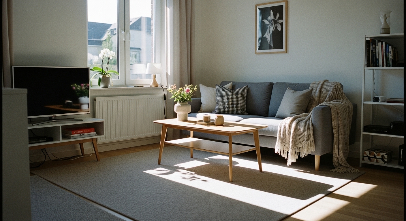 Creative use of small rugs in an irregularly shaped living room to define separate zones and create harmony.