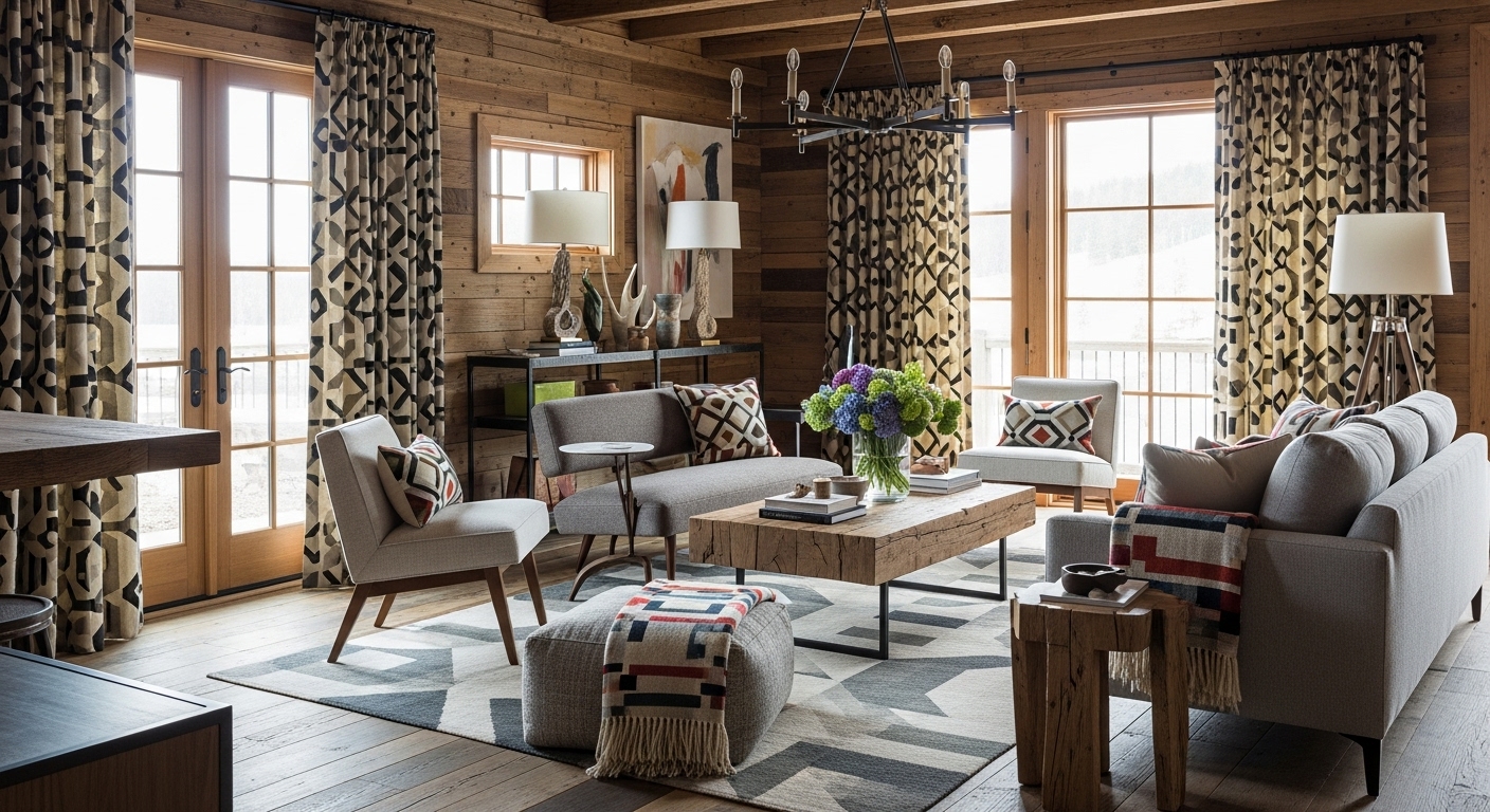 Geometric patterned pillows and curtains bring a modern touch to a rustic farmhouse living space.